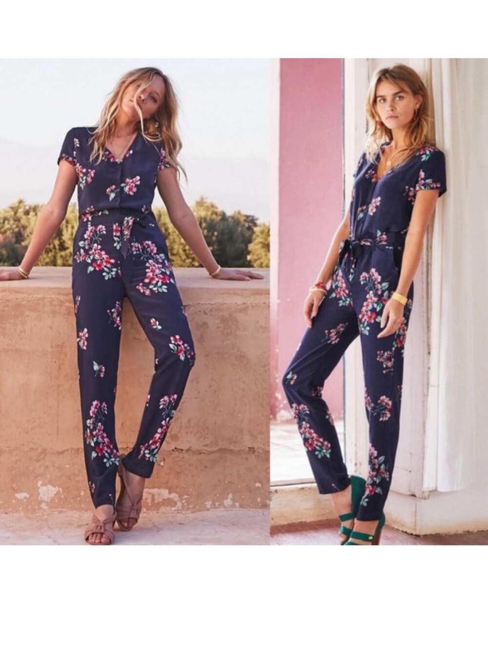 Sezane Ava Silk Navy Blue Floral Jumpsuit Size 36